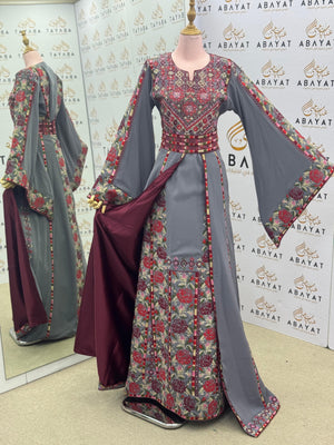 Elegant Grey & Burgundy Palestinian Embroidered Thobe – Floral Tatreez with Wide Sleeves”