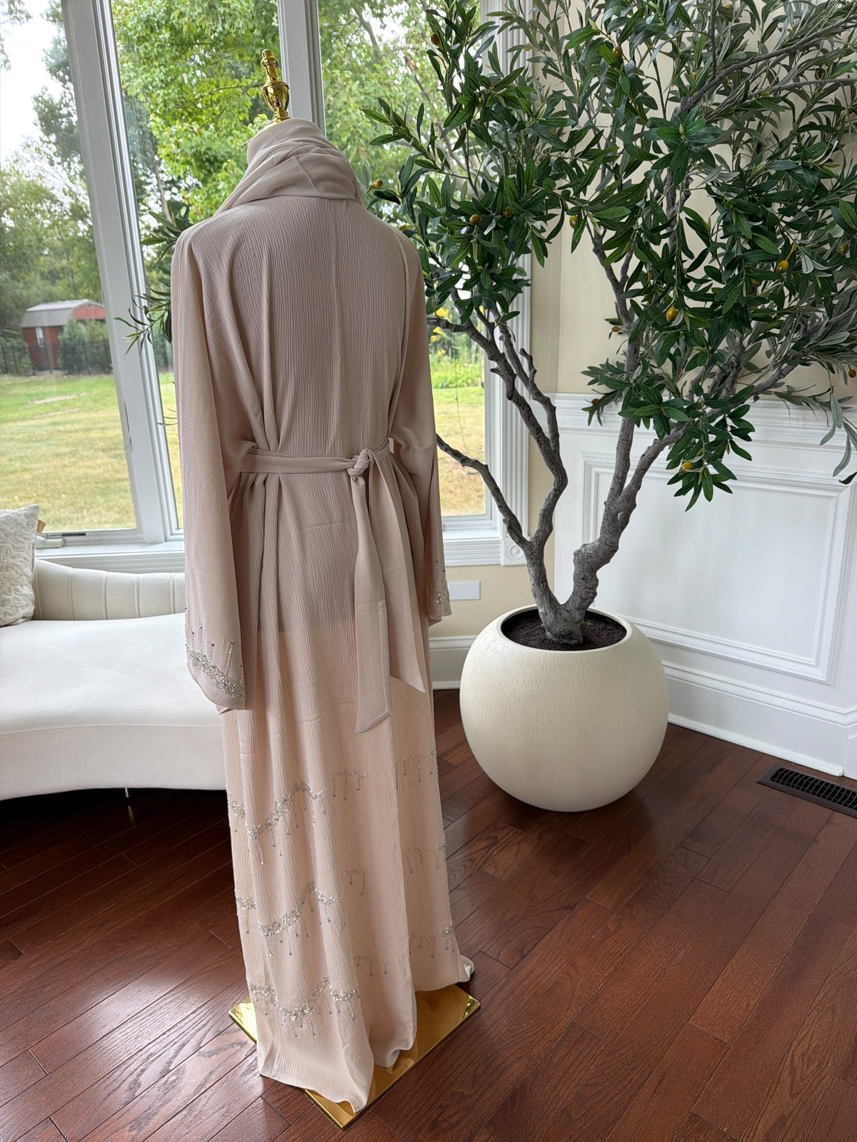 Cream Elegance Beaded Charm Abaya