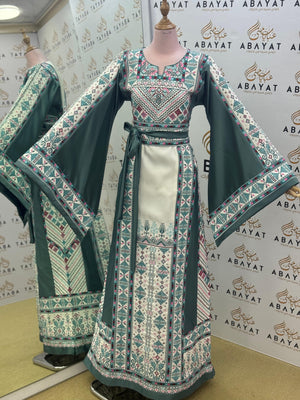 Luxury Palestinian Embroidered Thobe – Sage Green Traditional Design