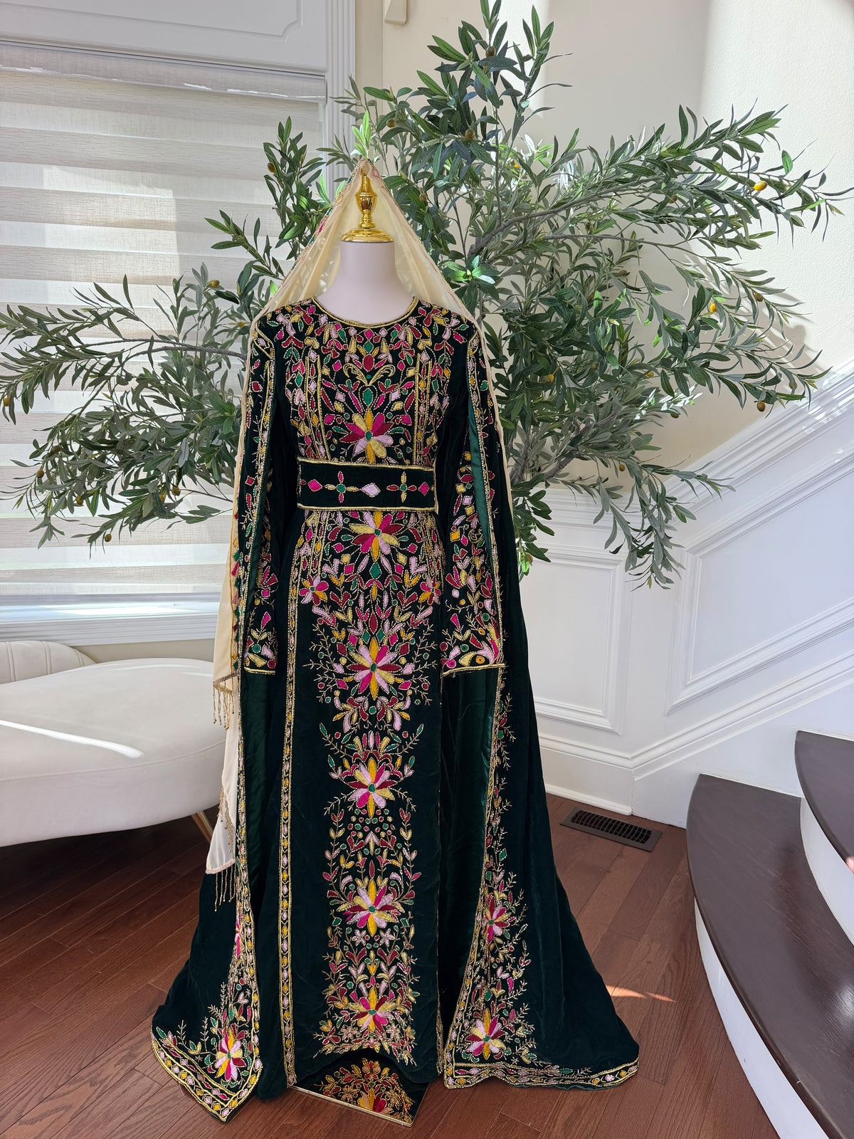 Elegant Black Palestinian Thobe with Colorful Floral Embroidery and Detachable Shoulder Cape (scarf not included)