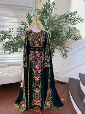 Elegant Black Palestinian Thobe with Colorful Floral Embroidery and Detachable Shoulder Cape (scarf not included)