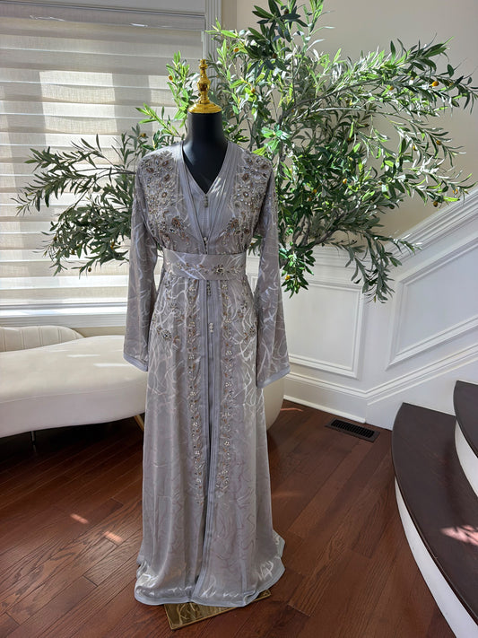 Elegant Silver Gray Embroidered Moroccan Kaftan