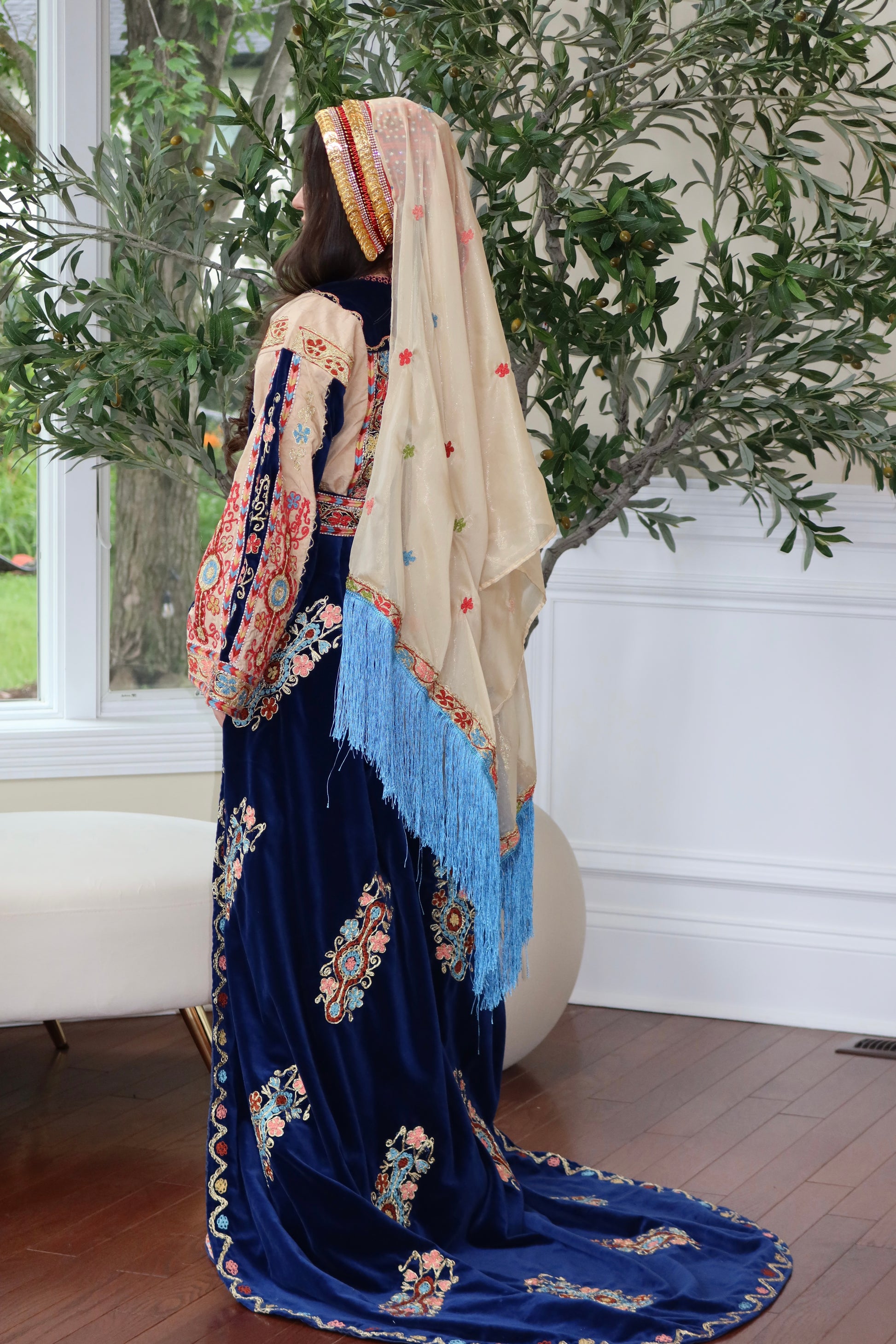 Royal Blue Malaka Handmade Thobe – Luxe Velvet & Intricate Tatreez Skirt and Khirka Shal included