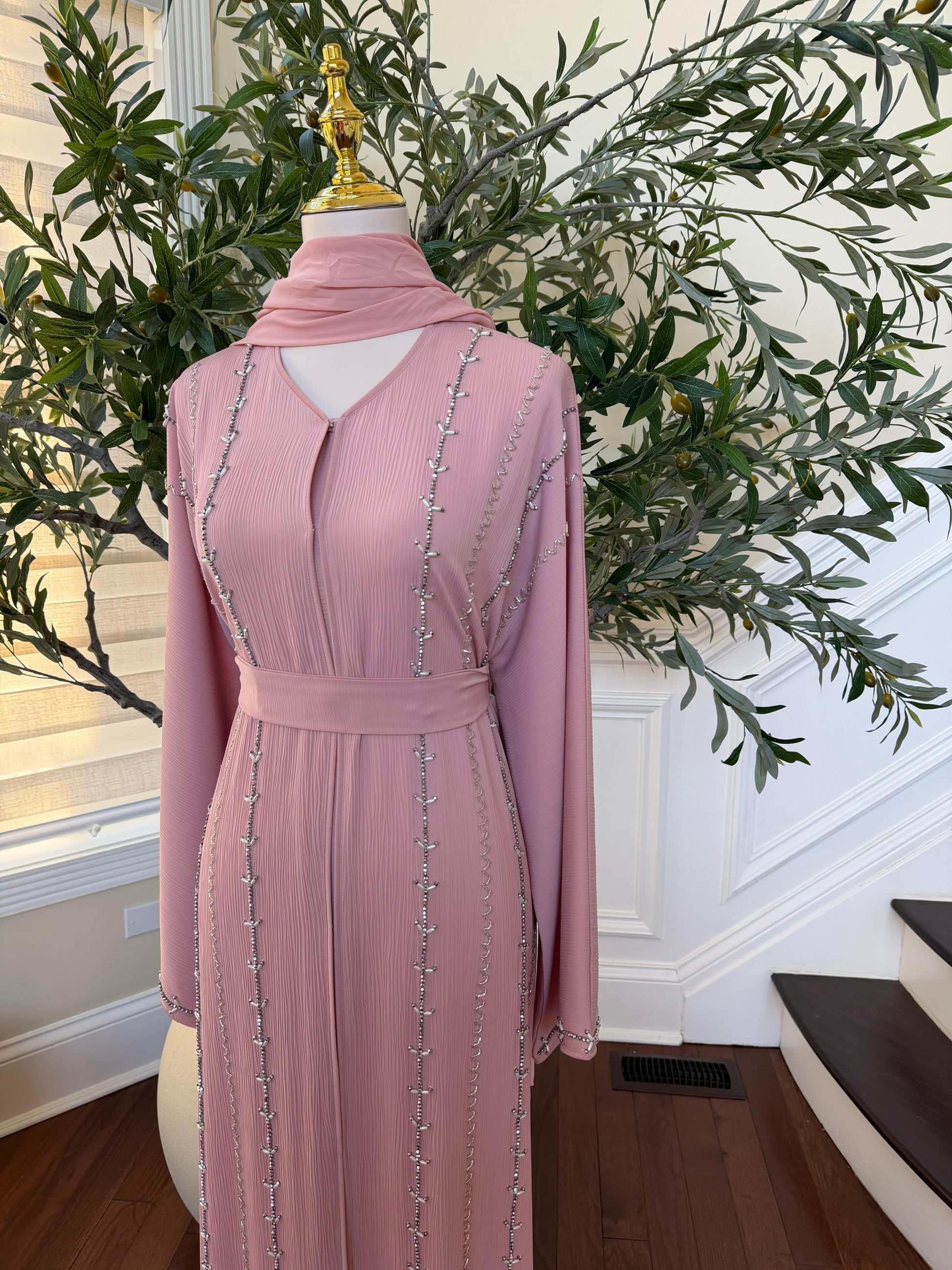 Pink Rose Charm Beaded Abaya