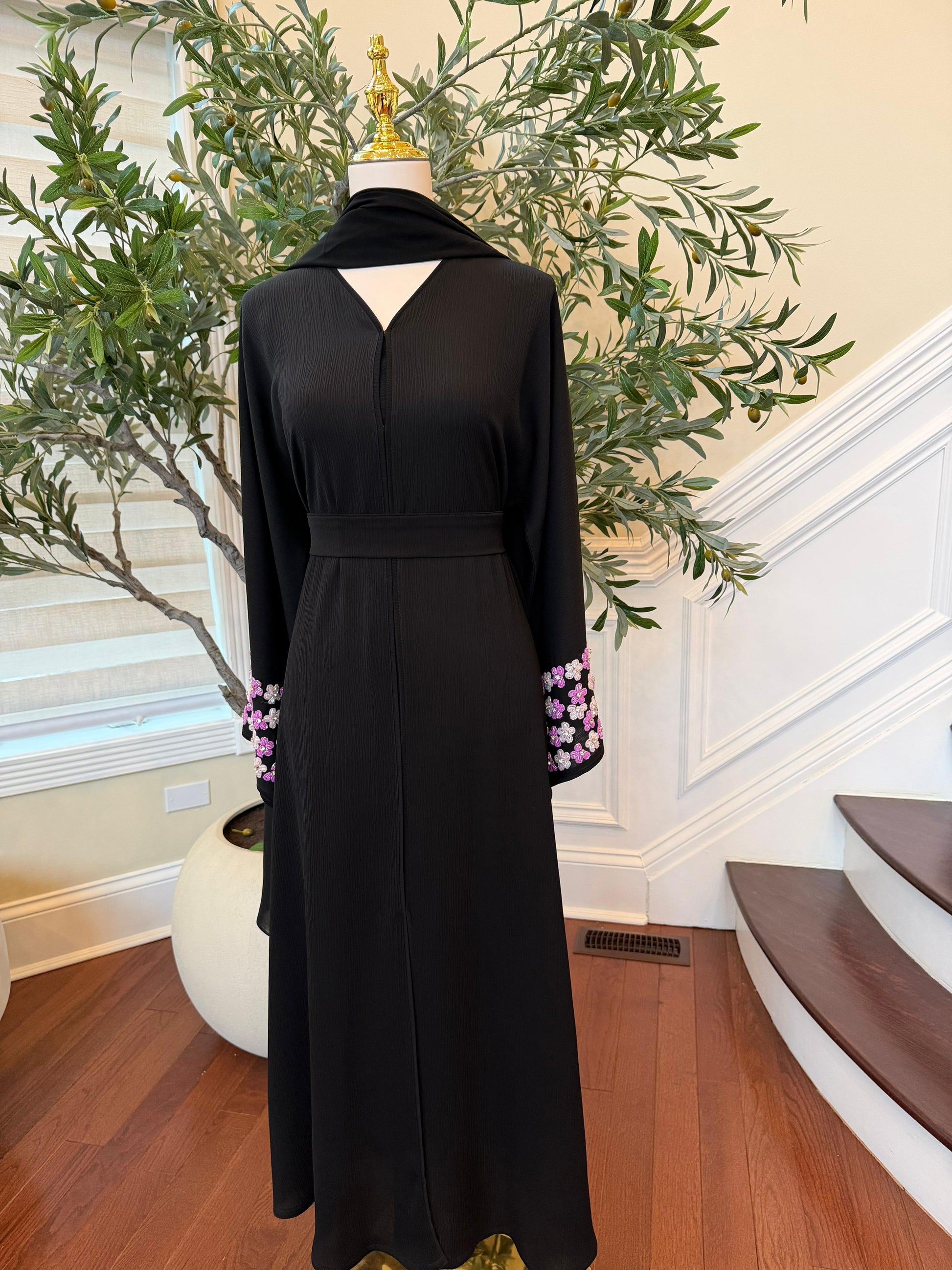 Black Rose Sleeve Beaded Abaya