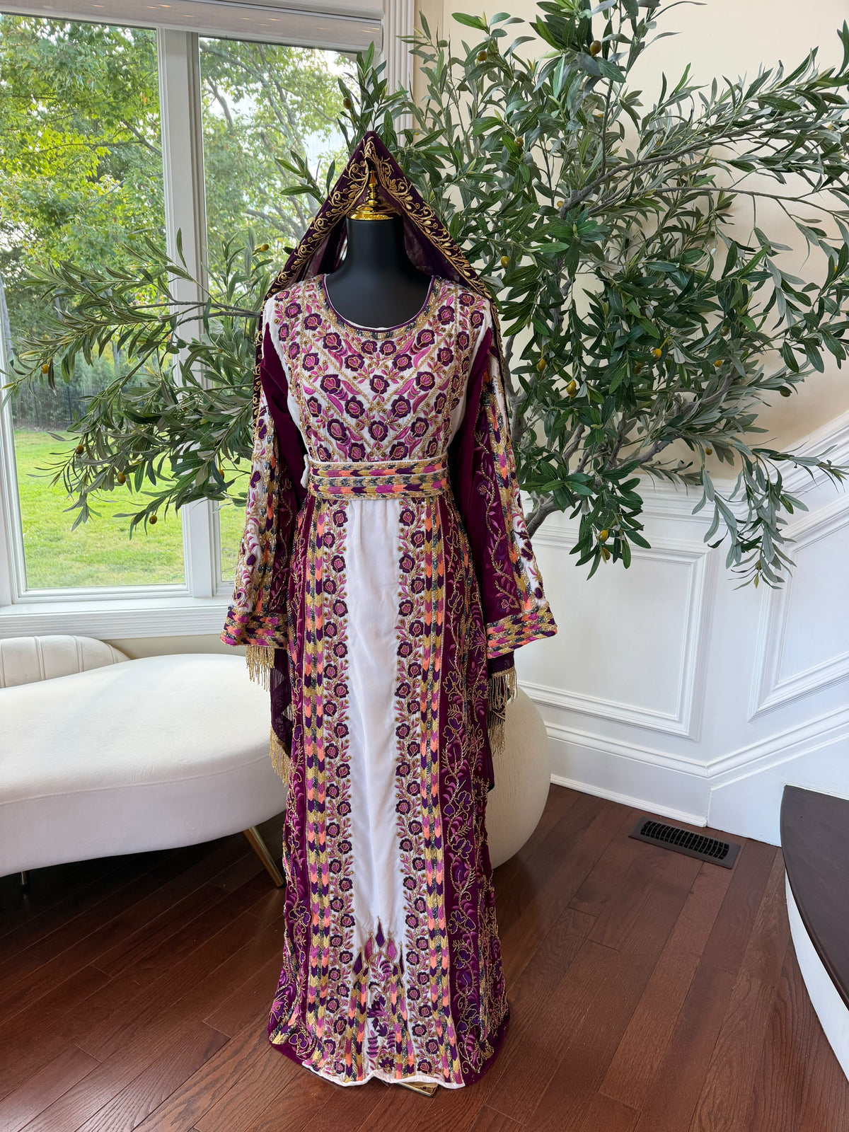 Elegant Purple and Cream Thobe with Intricate Floral Embroidery and Gold Accents (scarf not included)