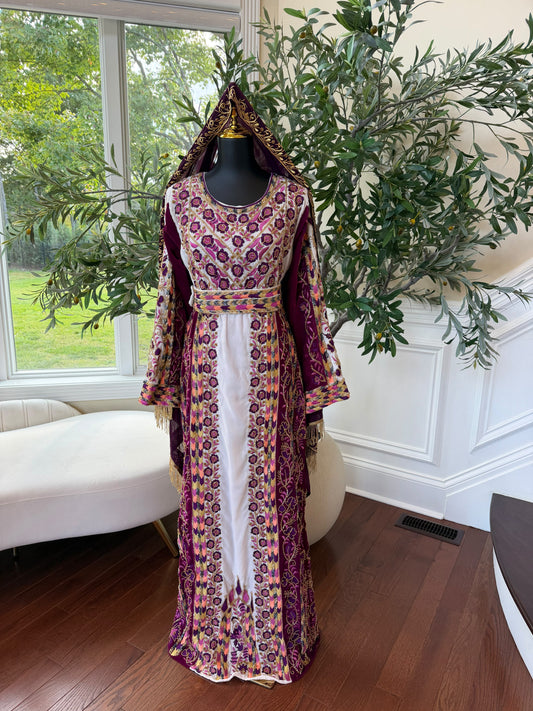 Elegant Purple and Cream Thobe with Intricate Floral Embroidery and Gold Accents (scarf not included)