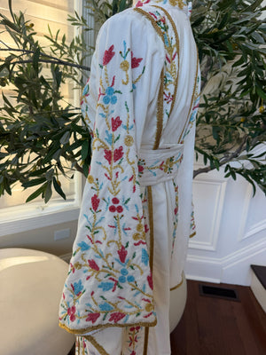 Elegant White Floral Embroidered Palestinian Thobe with Gold Detailing(scarf not included)