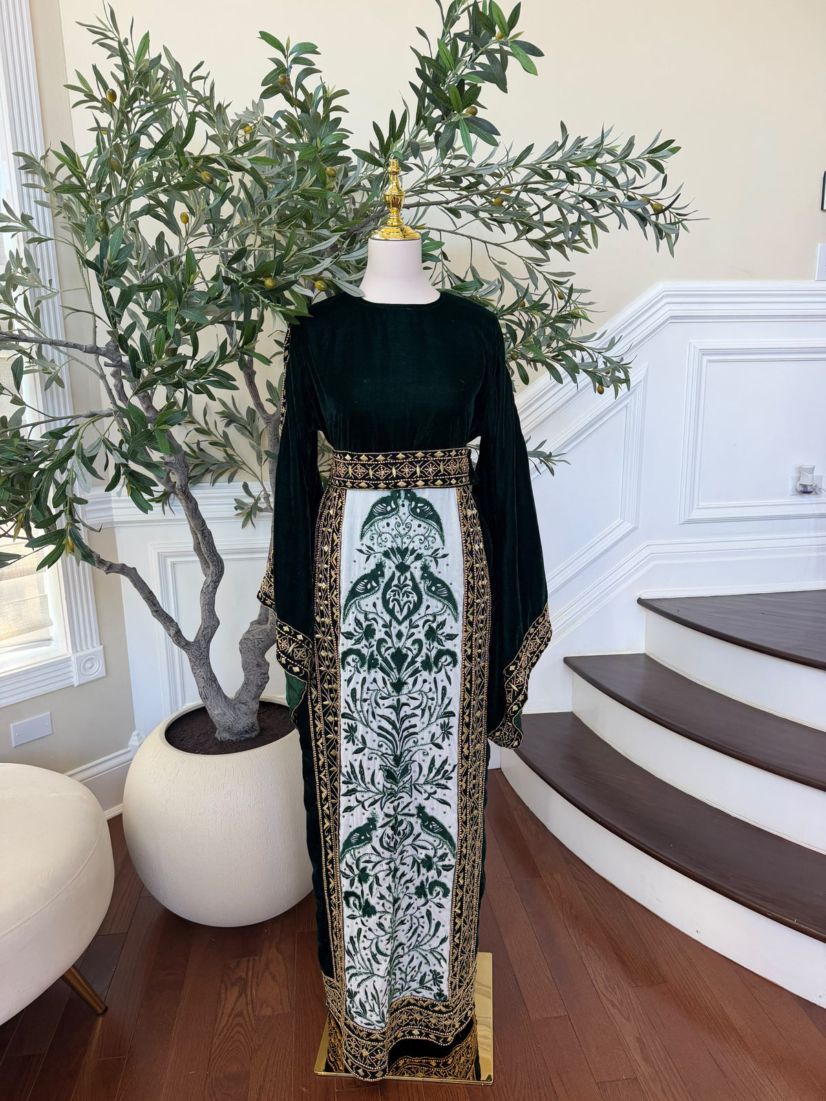 Elegant Black Velvet Thobe with Emerald Green Embroidery and Gold Detailing