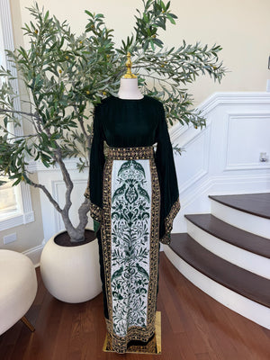 Elegant Black Velvet Thobe with Emerald Green Embroidery and Gold Detailing