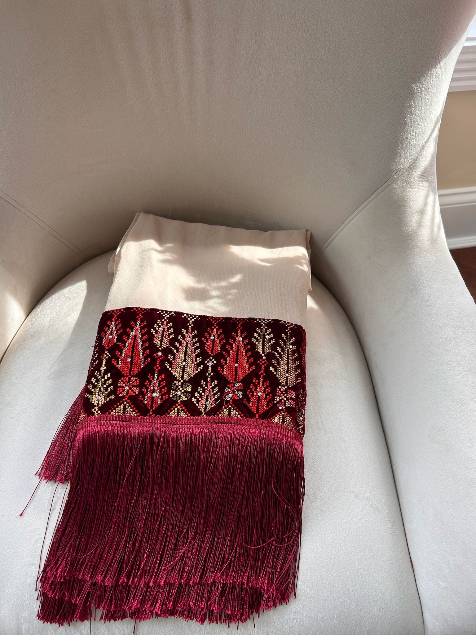Elegant Tan-Red Tatreez Khirka Shal Mandil