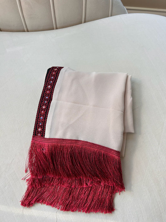 Cream/ Red Tatreez Khirka Shal Mandil