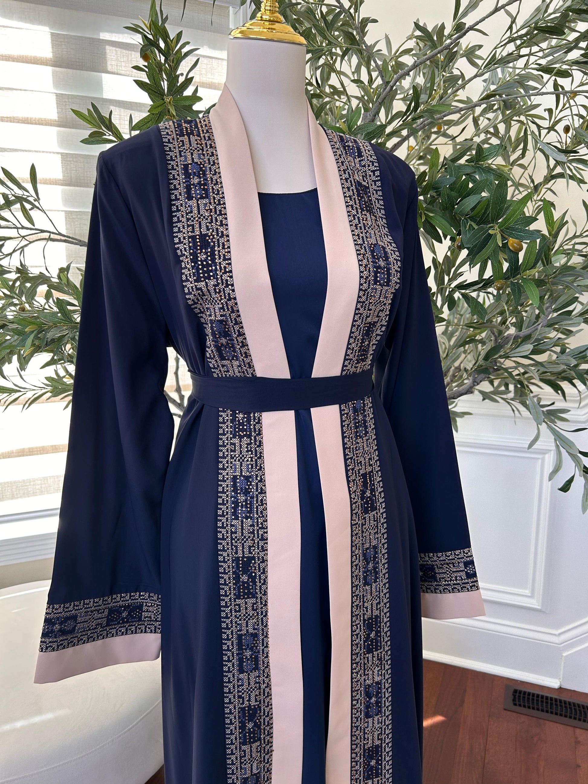 Blue Tatreez Beaded Two Piece Abaya