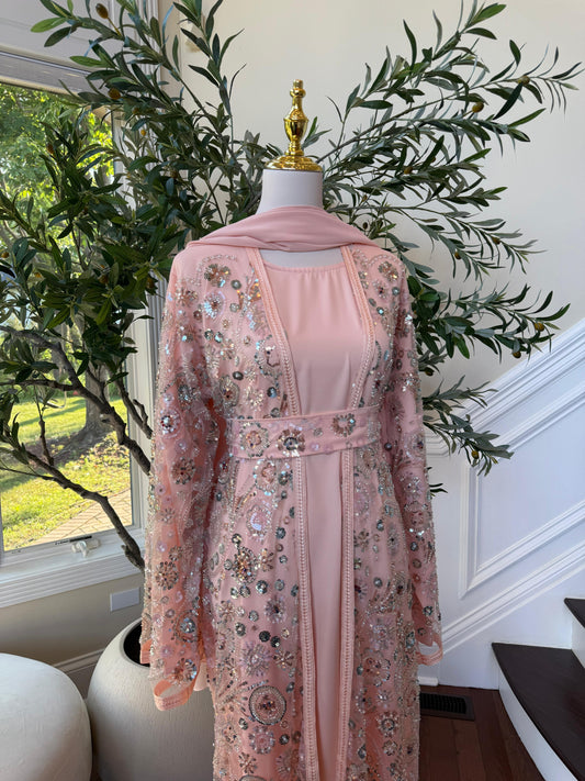 Peach Floral Sequin Detail Abaya