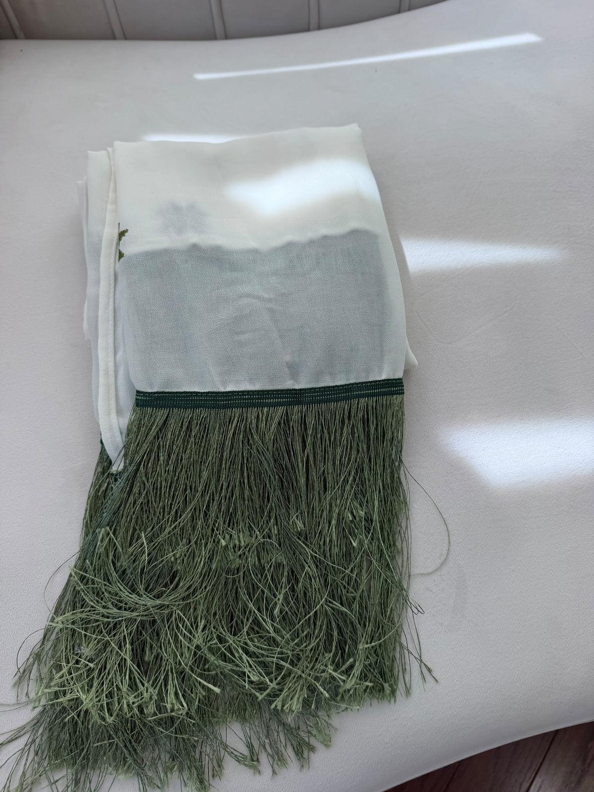 Cream & Olive Green Embroidered Fringe Scarf/Shawl