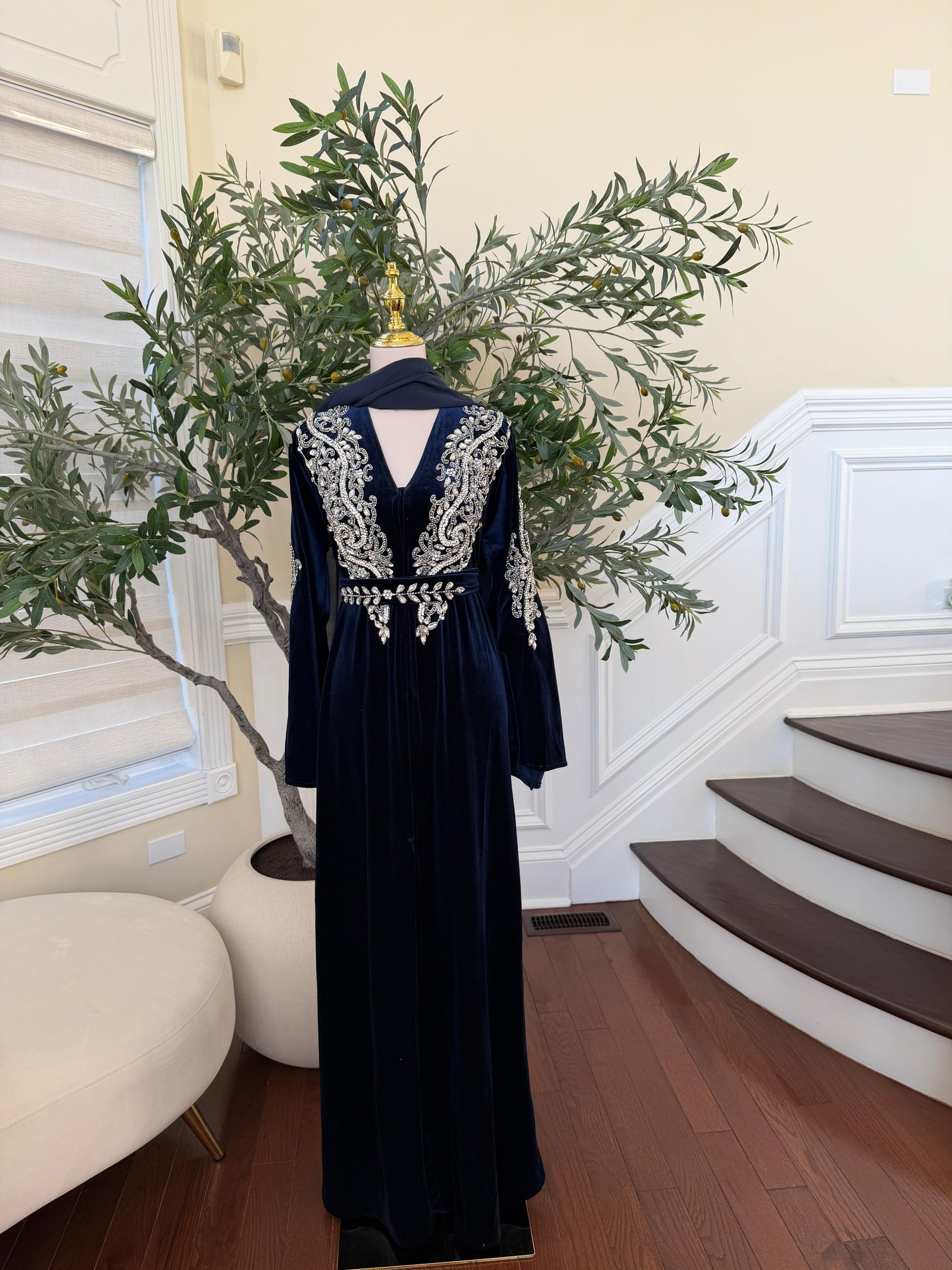 Navy Blue Velvet Beaded Stone Charm Abaya
