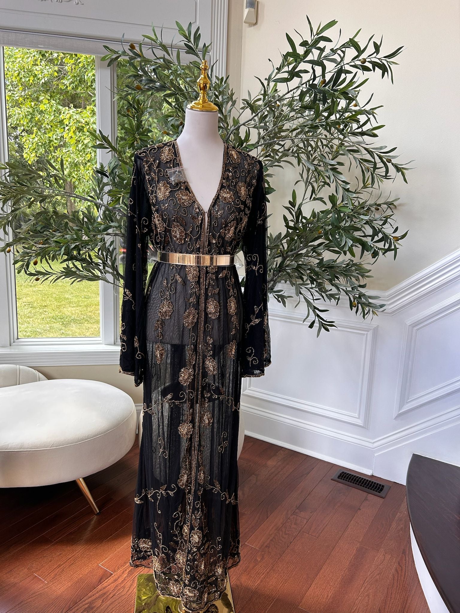 Golden Floral Beaded Stone Black Cardigan Abaya
