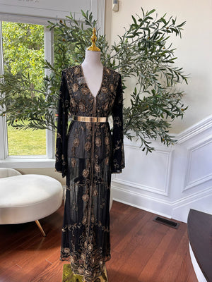 Golden Floral Beaded Stone Black Cardigan Abaya