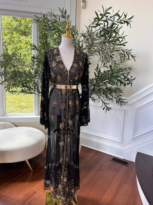 Golden Floral Beaded Stone Black Cardigan Abaya
