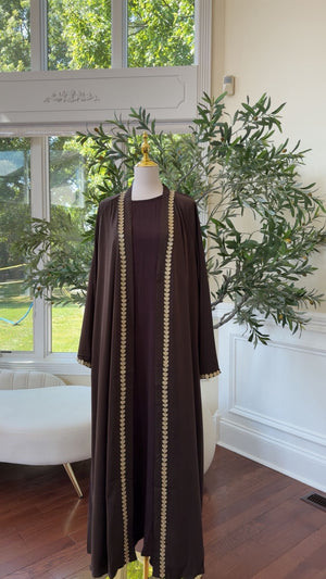 Dark Coffee Two-Piece Abaya with Intricate Luxe Detailing