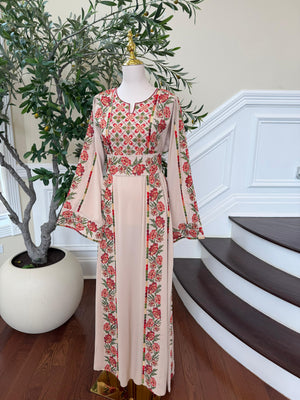 Beige Embroidery Rose Tatreez Thobe