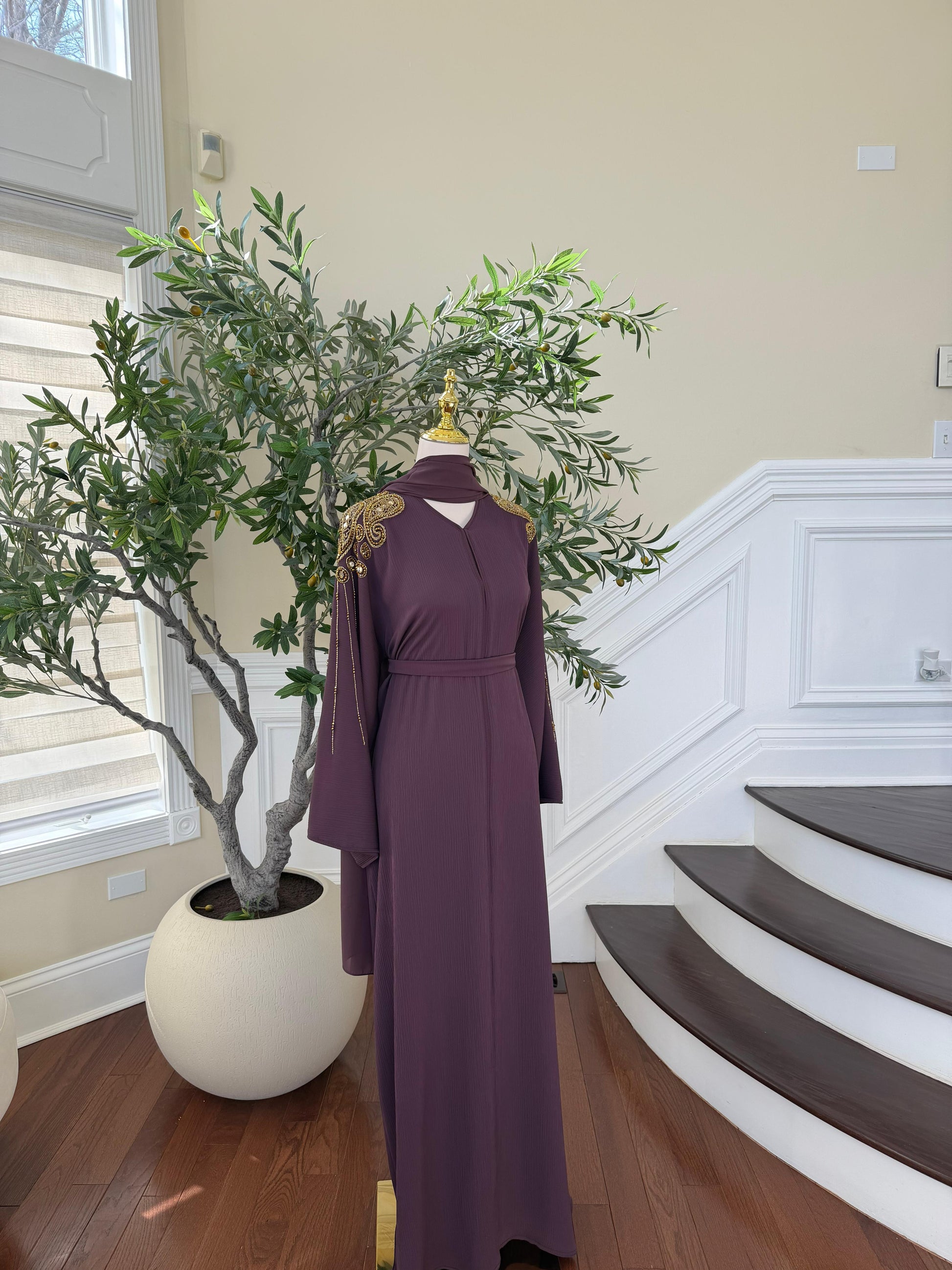 Golden Purple Sleeve Beaded Abaya