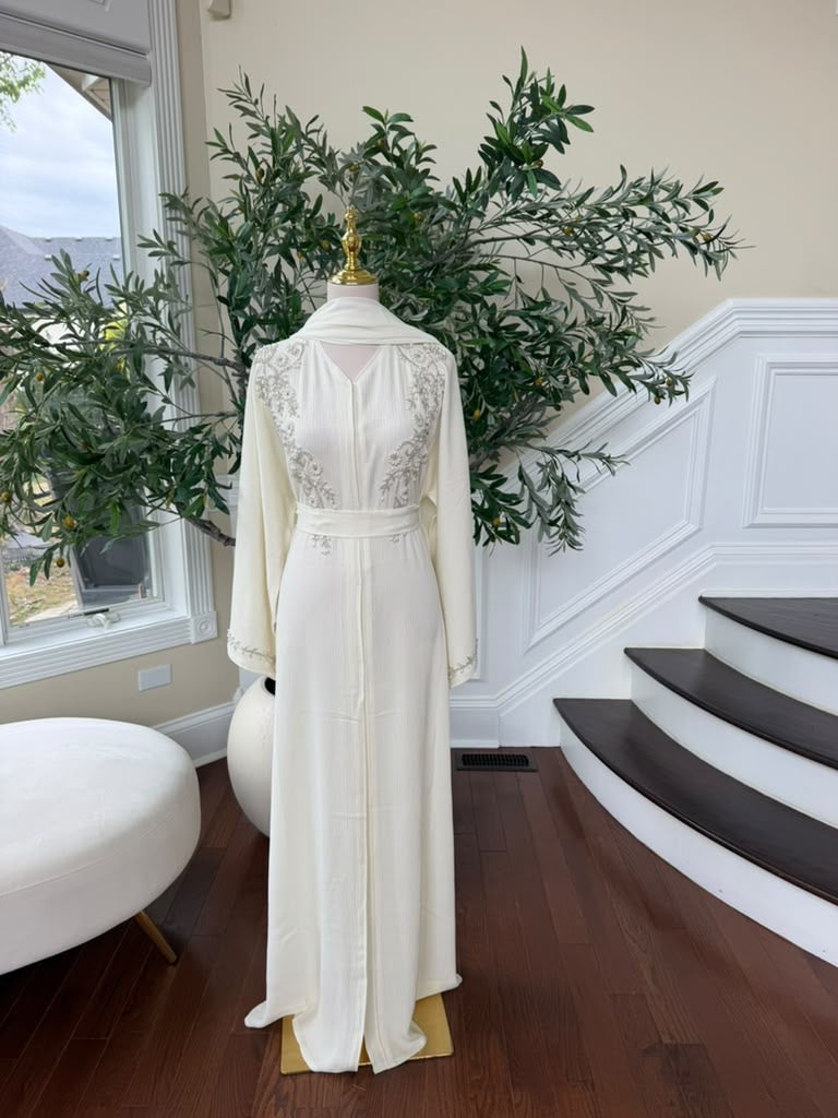 Off White Charm Beaded Floral Abaya