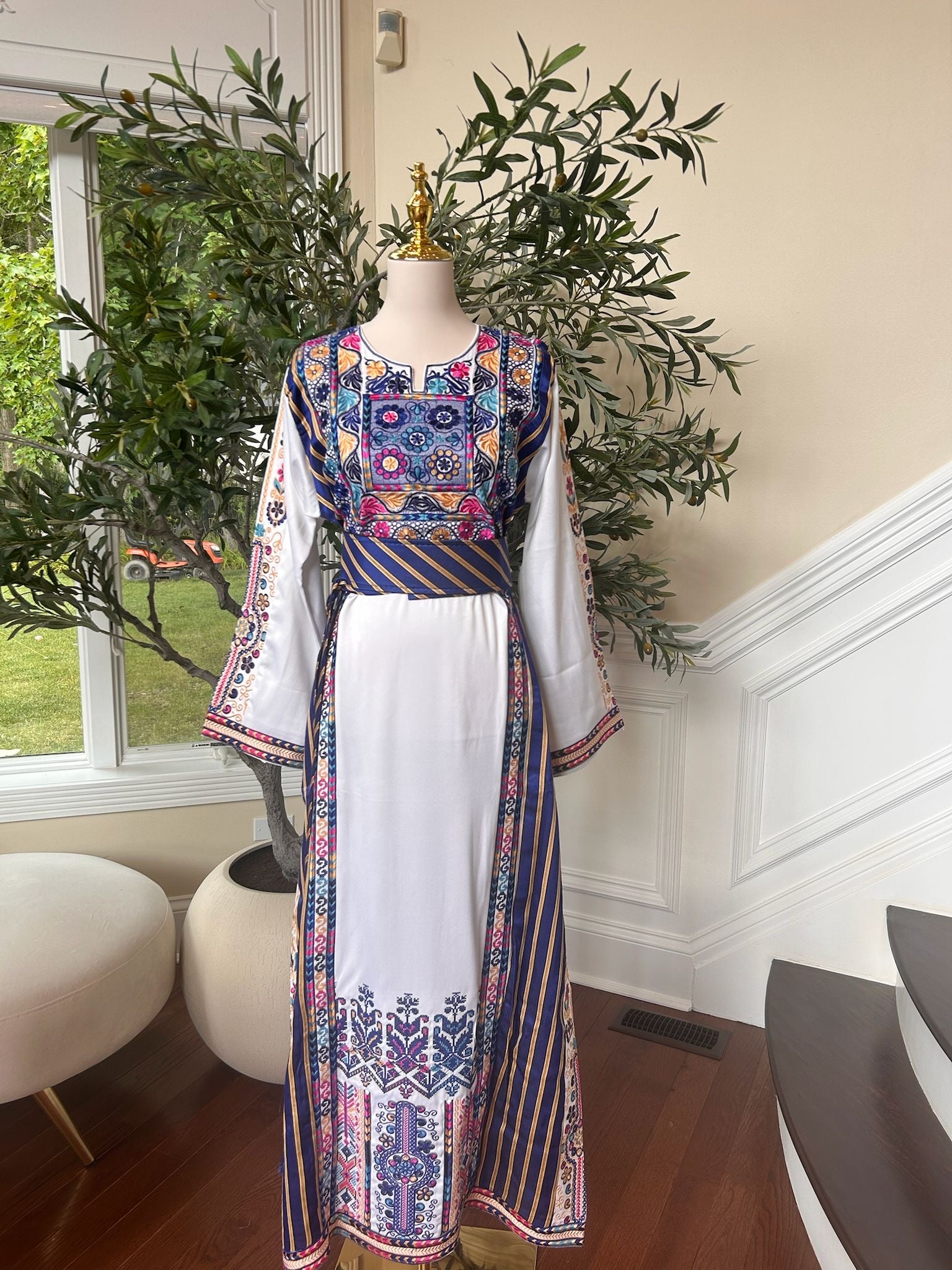 White Embroidery Blue Tatreez Detail Thobe