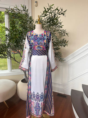 White Embroidery Blue Tatreez Detail Thobe