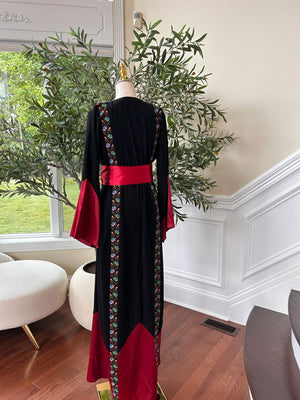 Black Tatreez Embroidery Thobe  Satin Red Detail