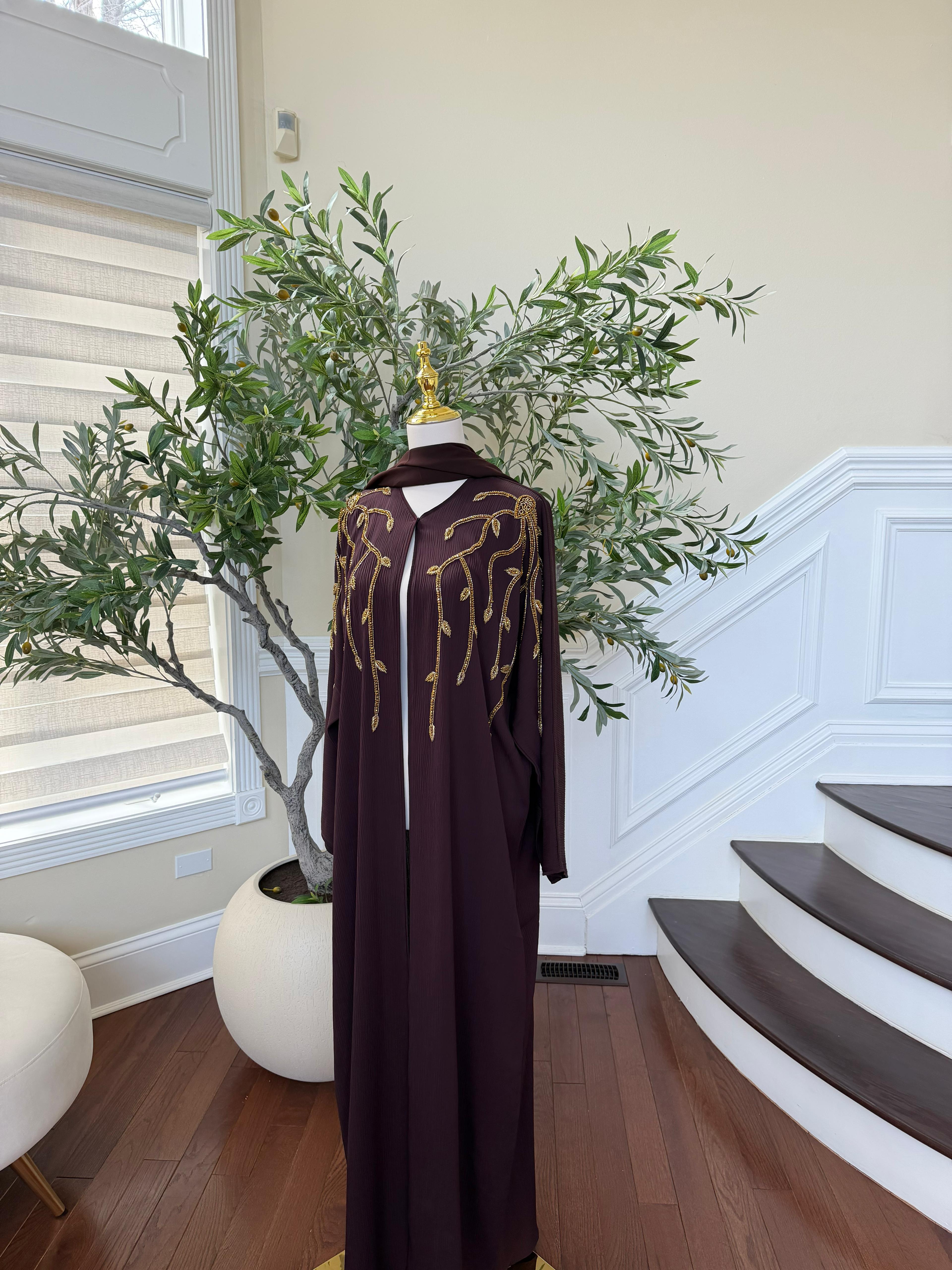 Deep Purple Golden Detail Open Abaya