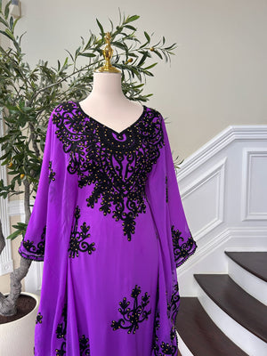 Royal Purple Kuftan Dress with Black Beaded Detail