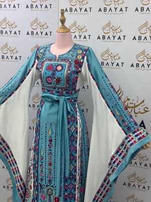 Turquoise & Fuchsia Palestinian Embroidered Thobe – Floral Heritage Design