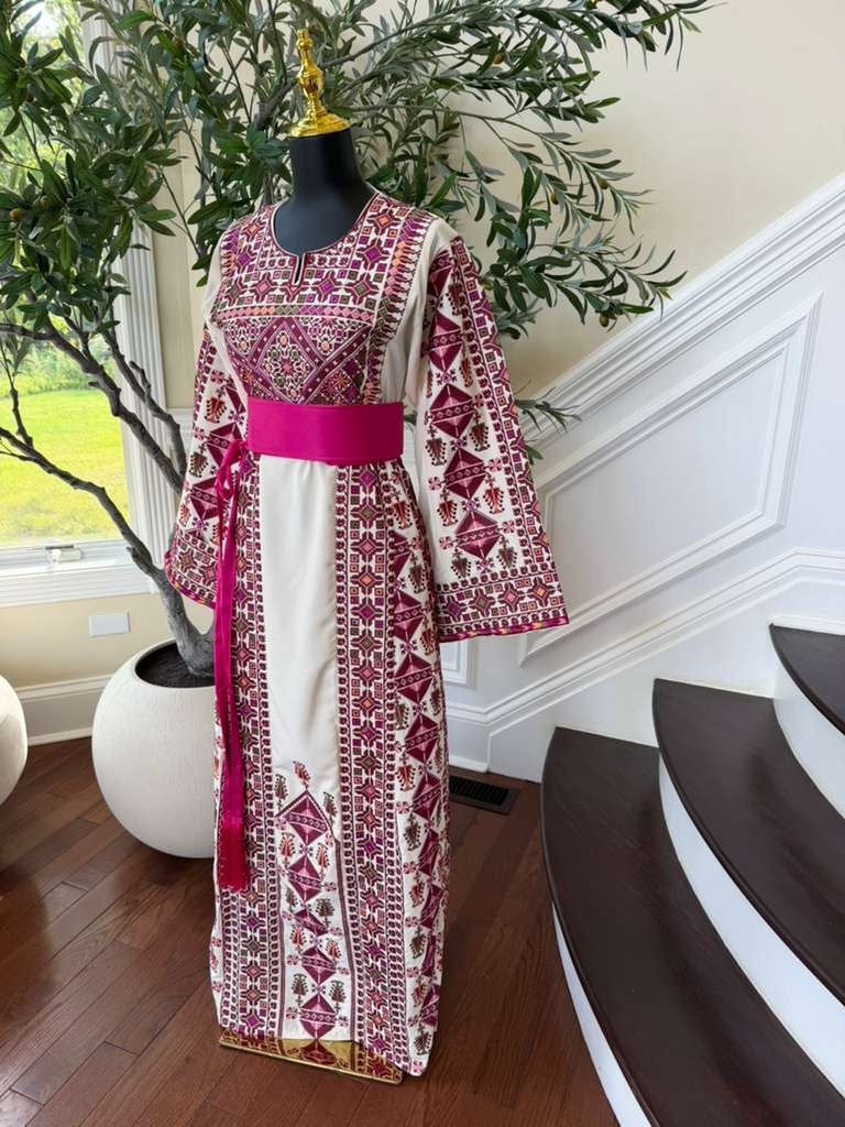 White Embroidery Tatreez Pink Thobe