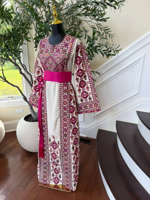 White Embroidery Tatreez Pink Thobe