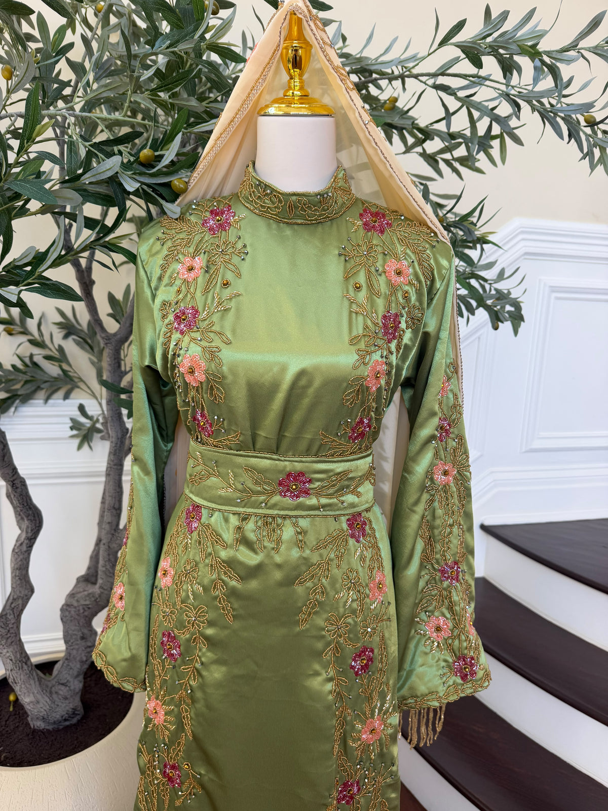 Elegant Sage Green Satin Thobe with Pink Floral Embroidery, Gold Detailing, and Matching Belt( scarf not included)