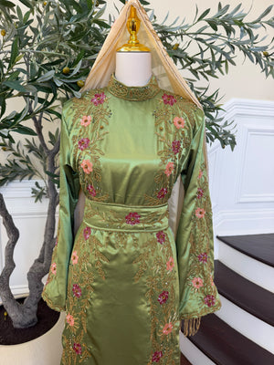 Elegant Sage Green Satin Thobe with Pink Floral Embroidery, Gold Detailing, and Matching Belt( scarf not included)