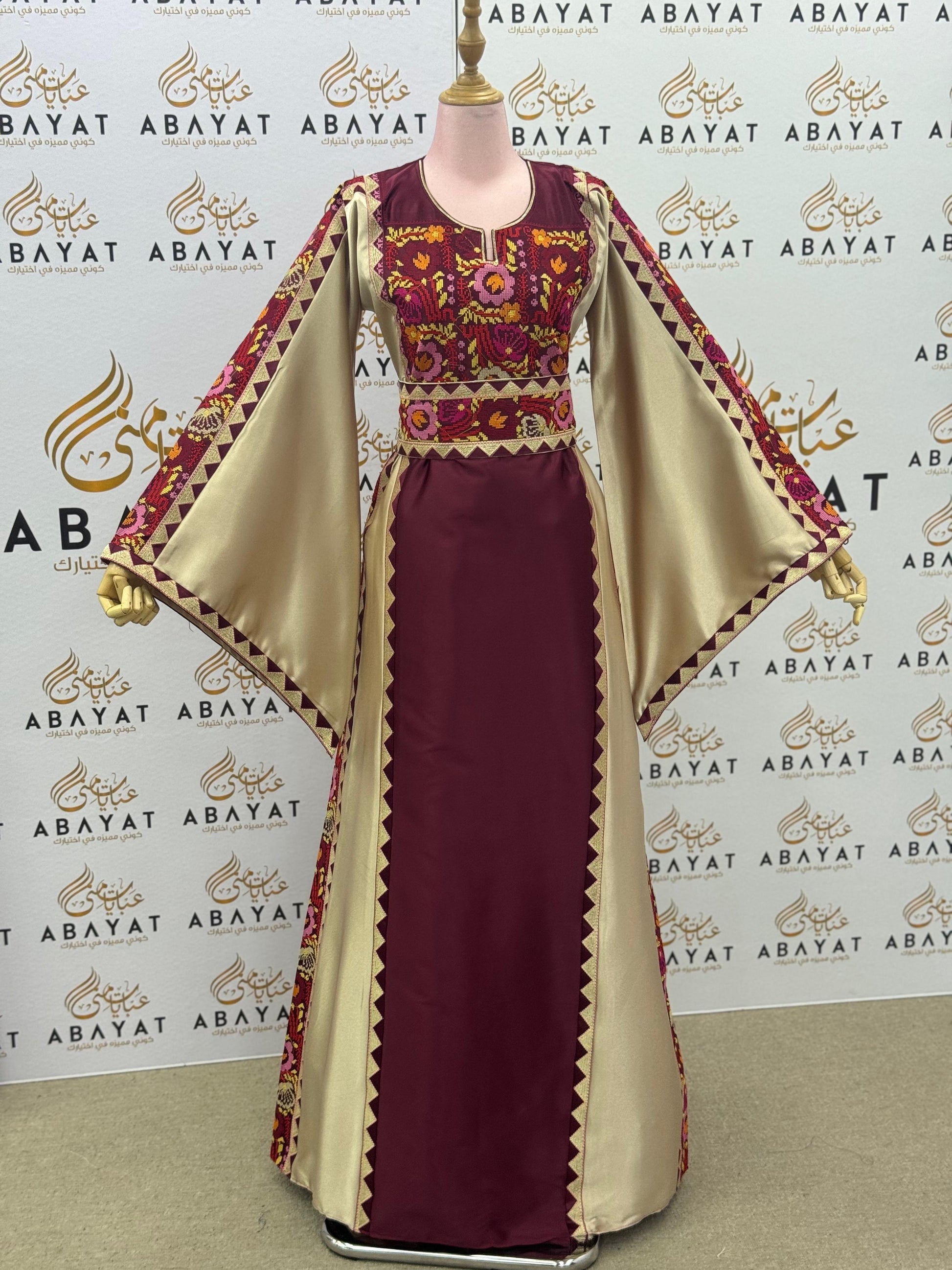 Burgundy & Champagne Palestinian Thobe – Embroidered Tatreez Maxi Dress