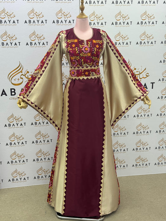 Burgundy & Champagne Palestinian Thobe – Embroidered Tatreez Maxi Dress