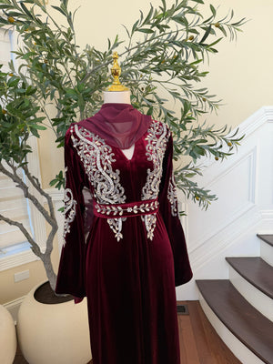 Red Velvet Beaded Stone Charm Abaya