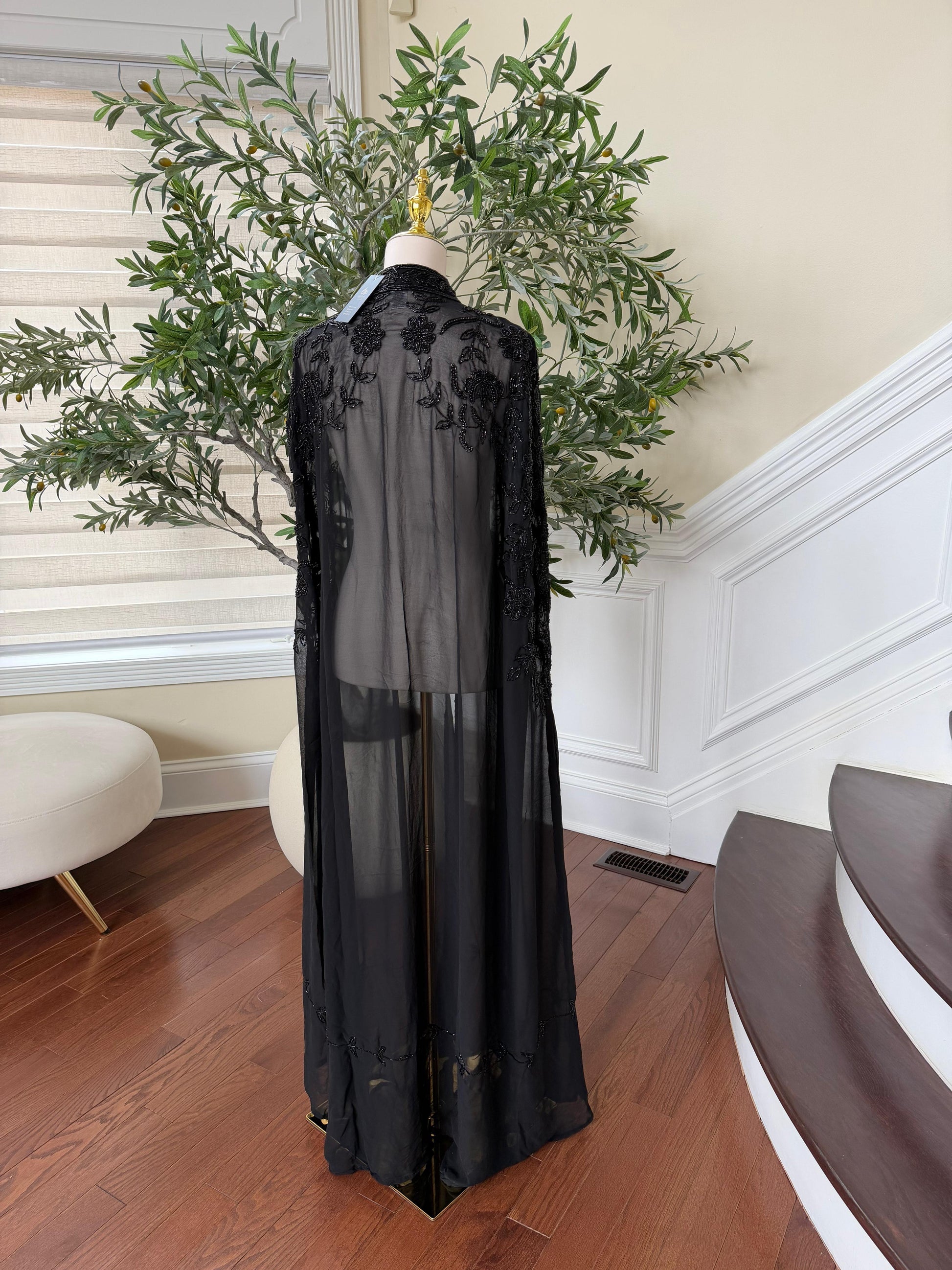 Black Stone Floral Cardigan Abaya