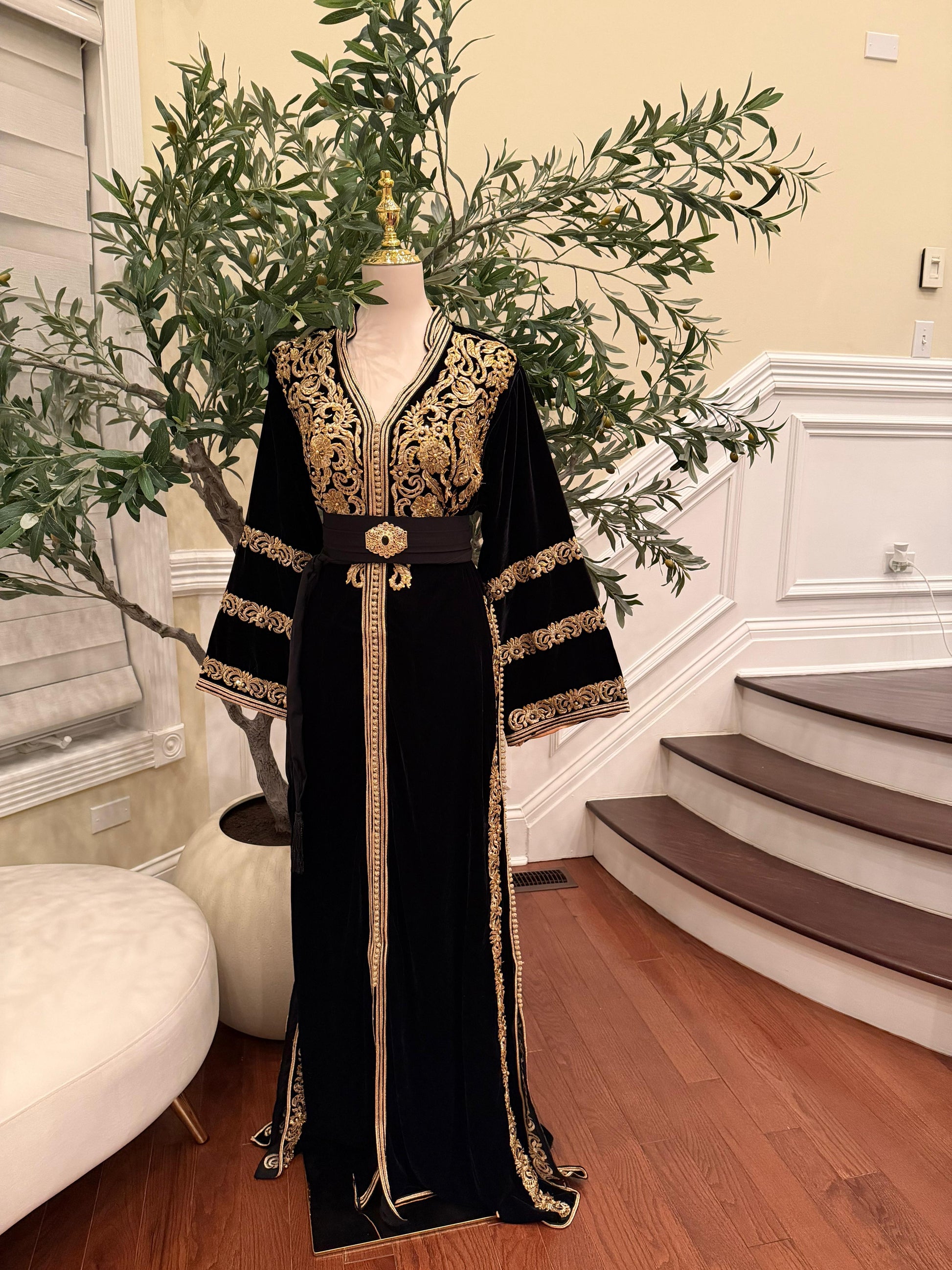 Midnight Black Royale Velvet Kuftan with Golden Embellished Detail