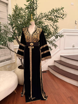 Midnight Black Royale Velvet Kuftan with Golden Embellished Detail