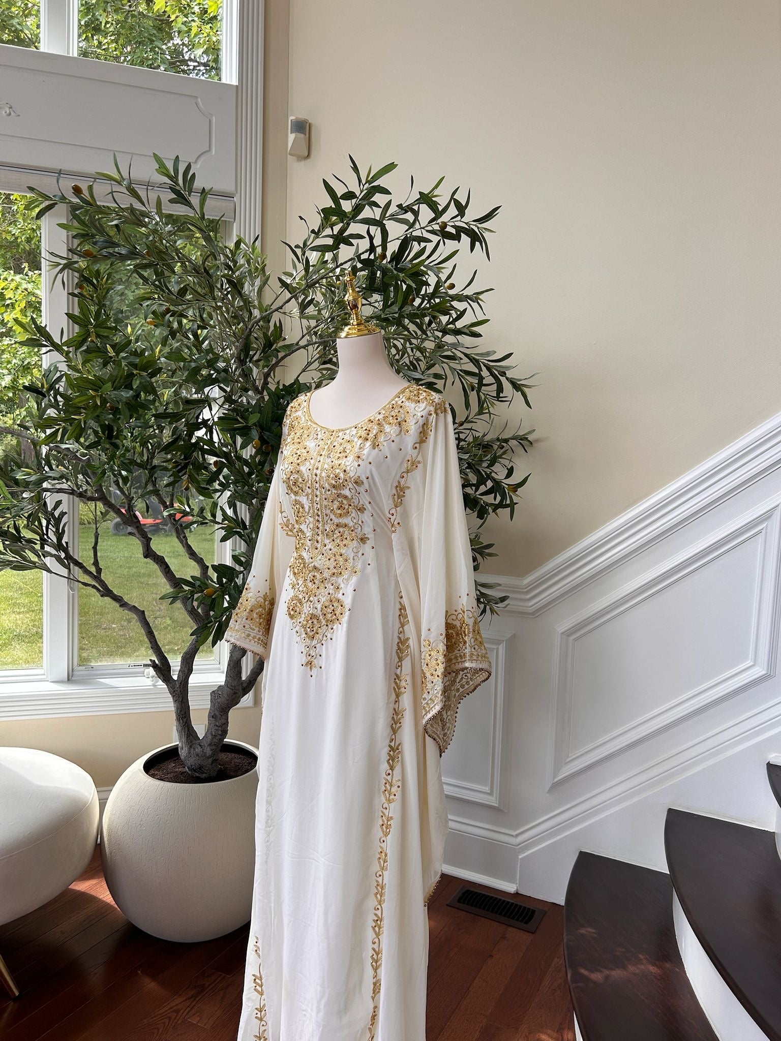 Luxury White Kuftan Golden Detail Gown