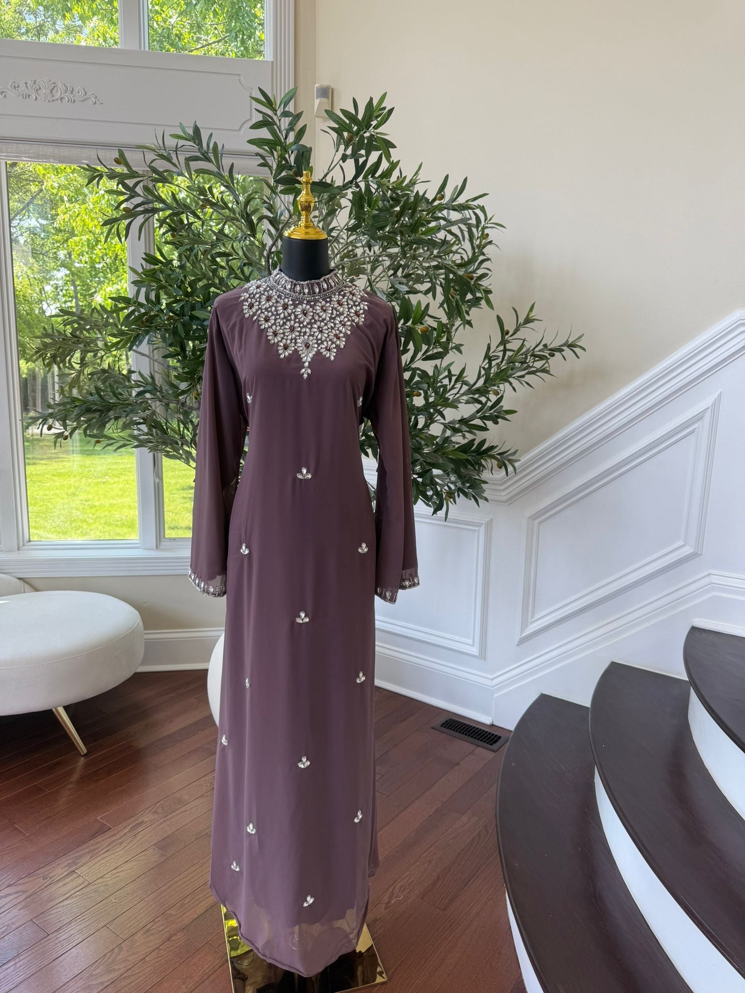 Mauve Crystal High Neck Maxi Dress