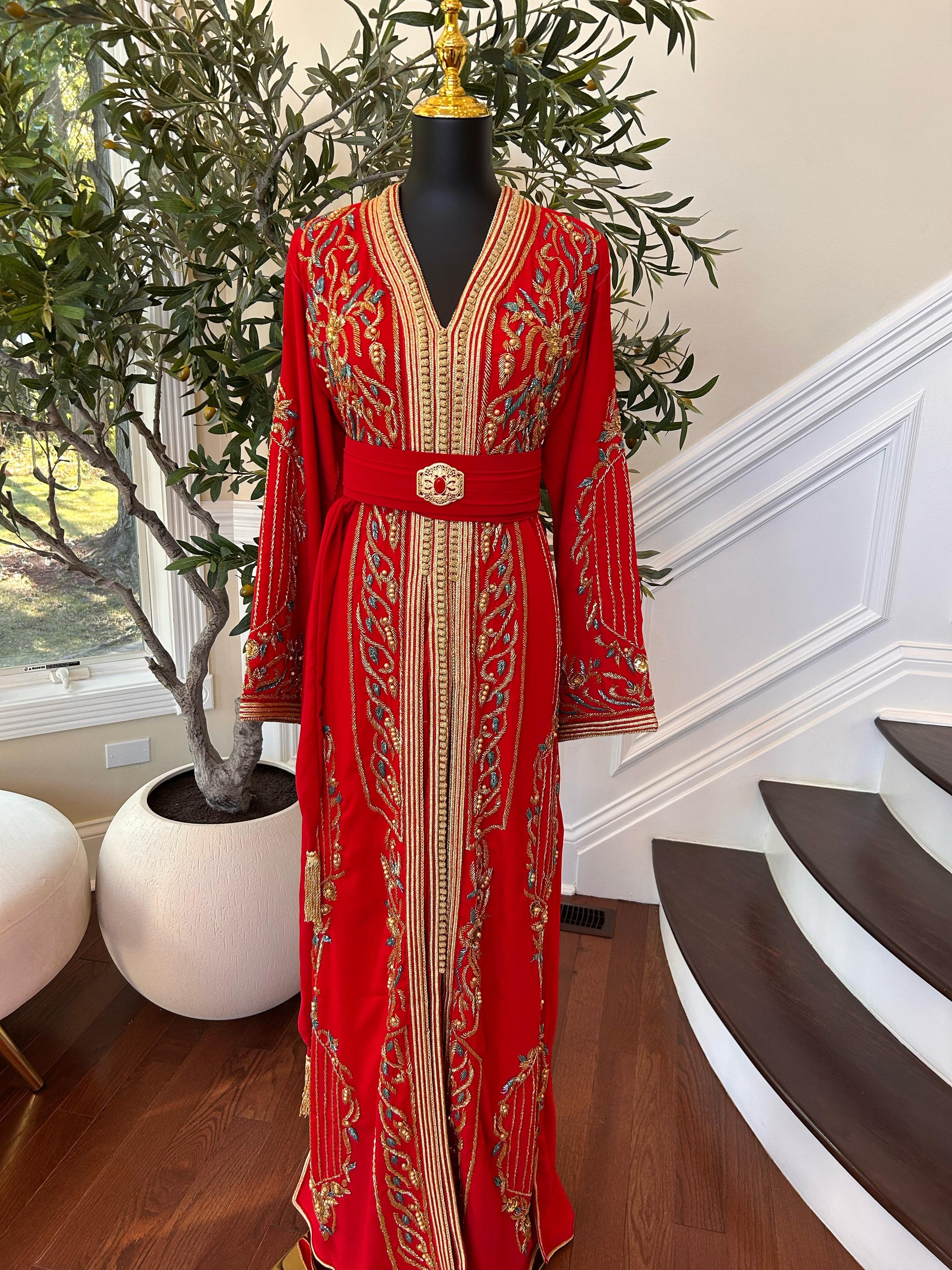 Red Embellished Golden Kuftan