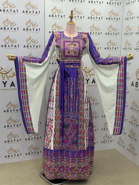 Purple & White Palestinian Embroidered Thobe – Traditional Tatreez A09042025