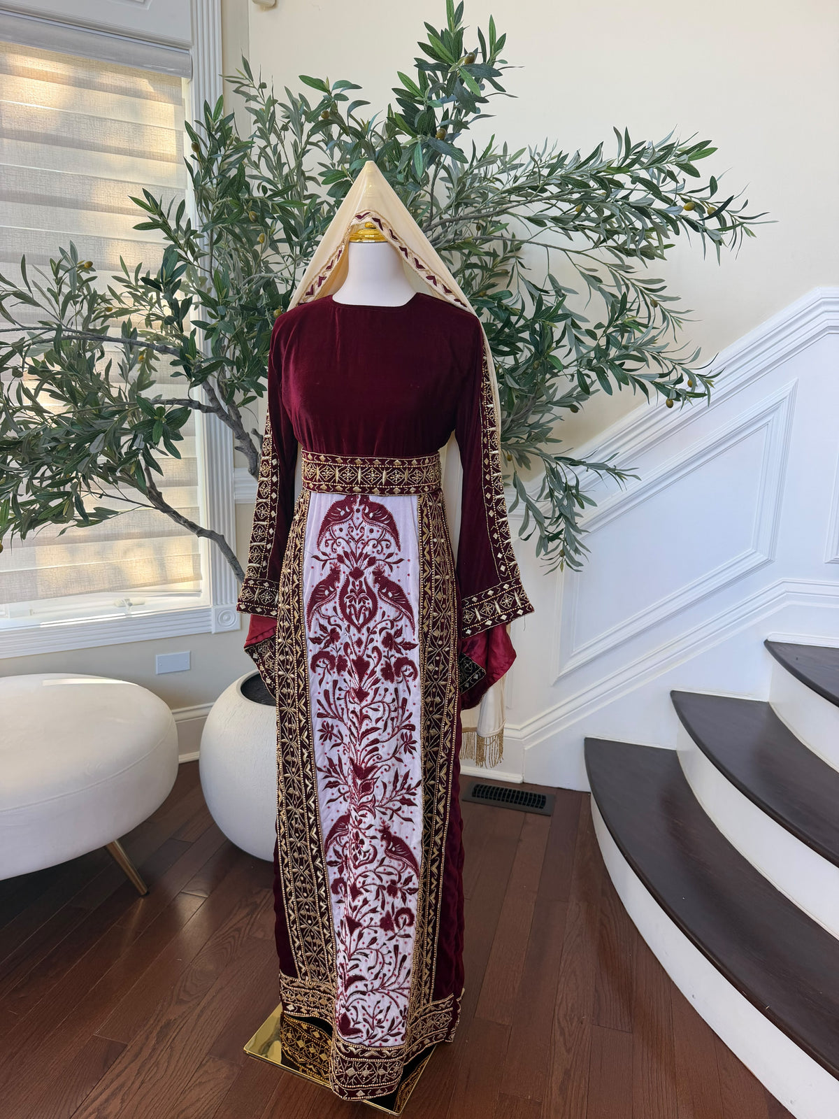Elegant Burgundy Velvet Palestinian Thobe with Gold Embroidery