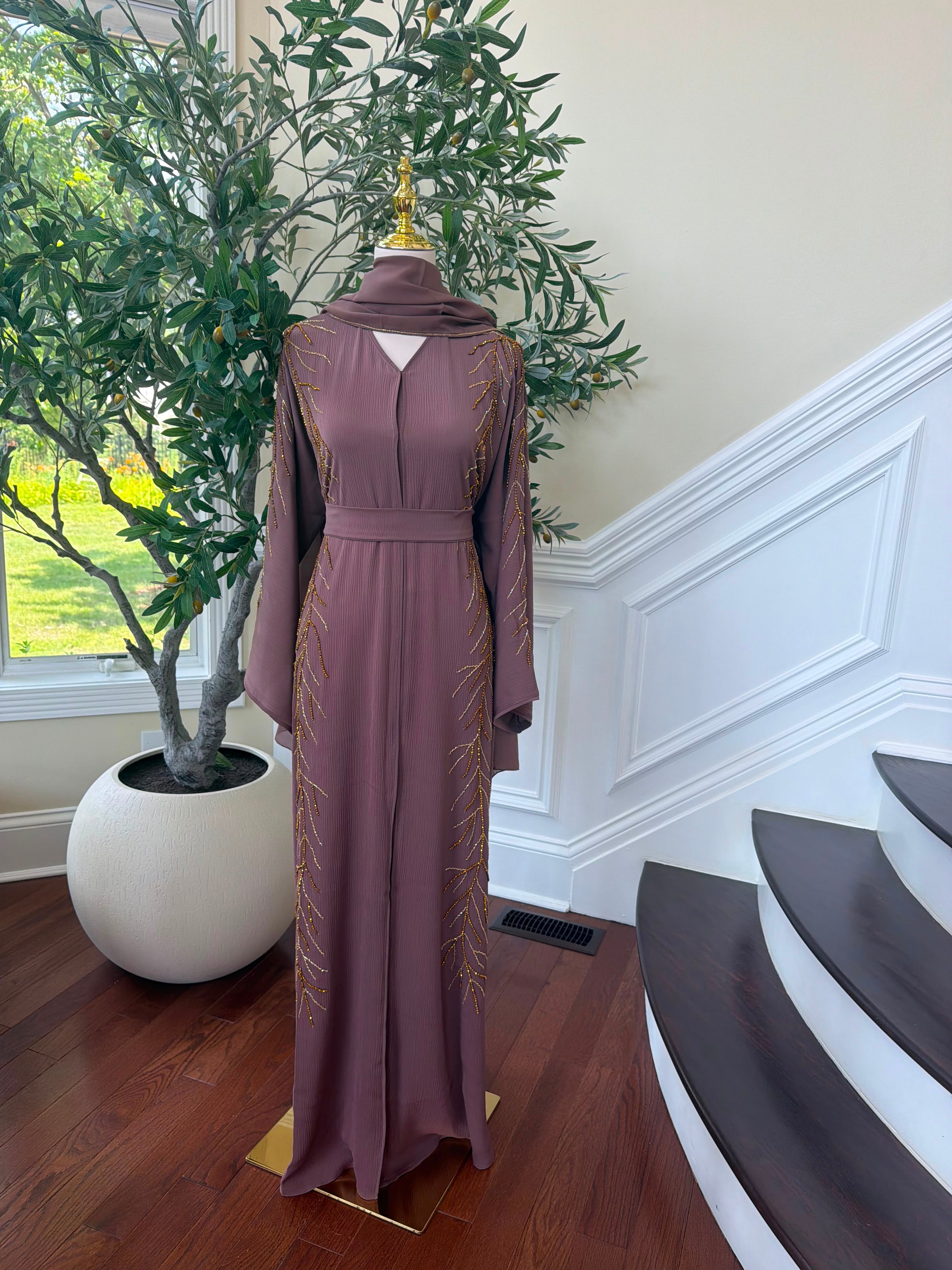 Muave Golden Beaded Abaya