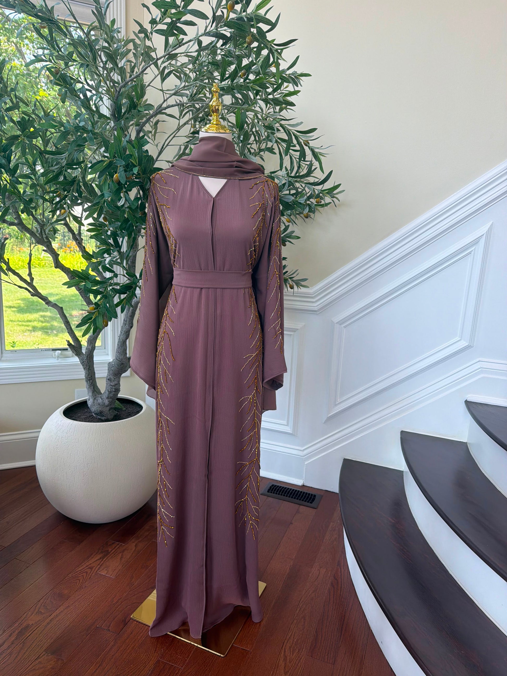 Muave Golden Beaded Abaya